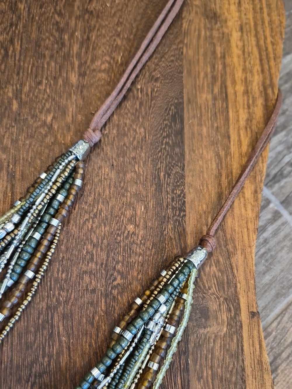 Multistrand Brown & Green Hues Silver Tone Hardware Brown Suede Cord Necklace - Picture 10 of 13